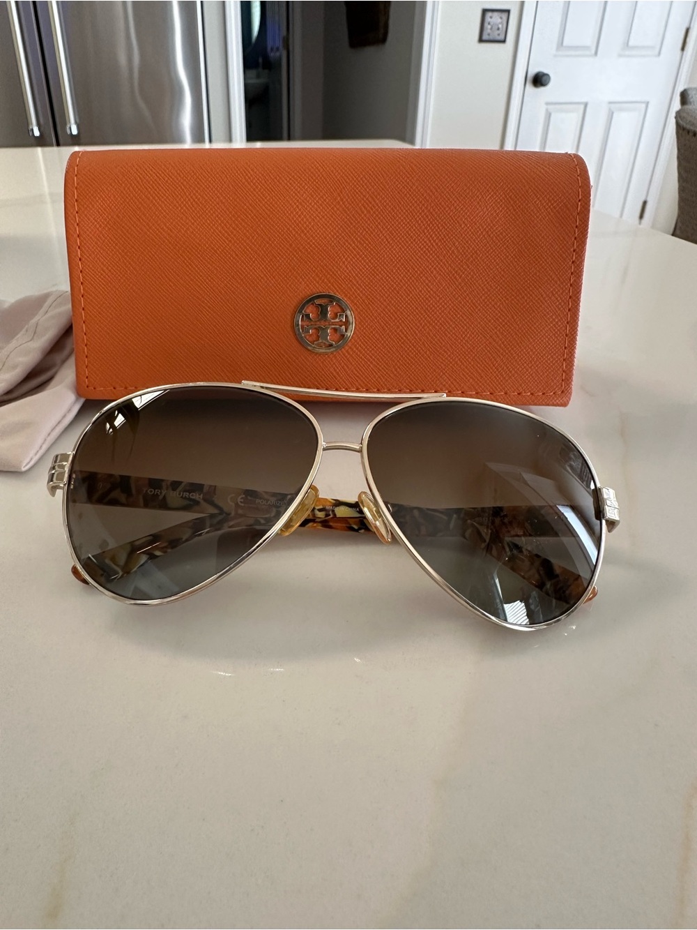 Tory Burch Orange Case with Gold-Trim Aviator Sunglasses
